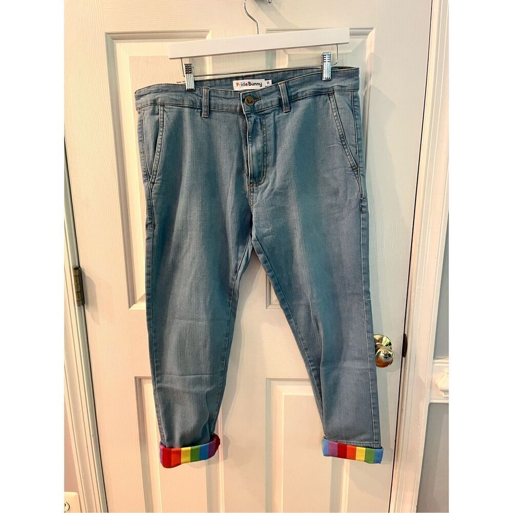 Pride Bunny Denim Rainbow Roll Cuff Jeans sz 36 NWT